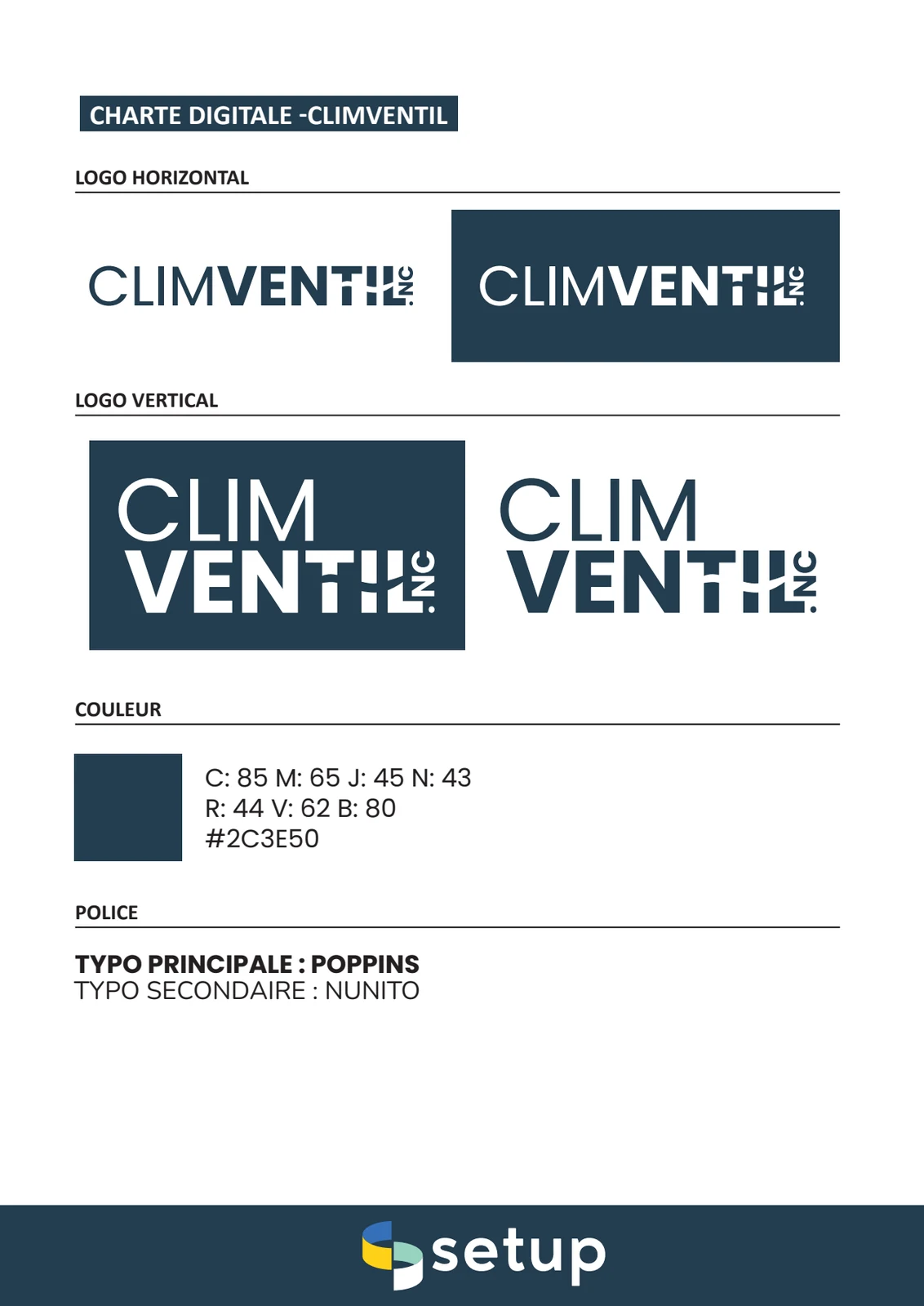 Charte Climventil : logos, bleu sombre, Poppins et Nunito