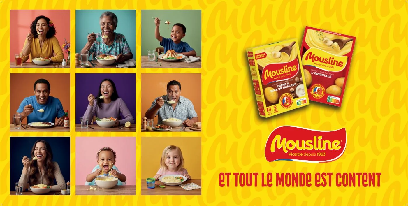 Affiche jaune Mousline avec des portraits de convives et des paquets de purée