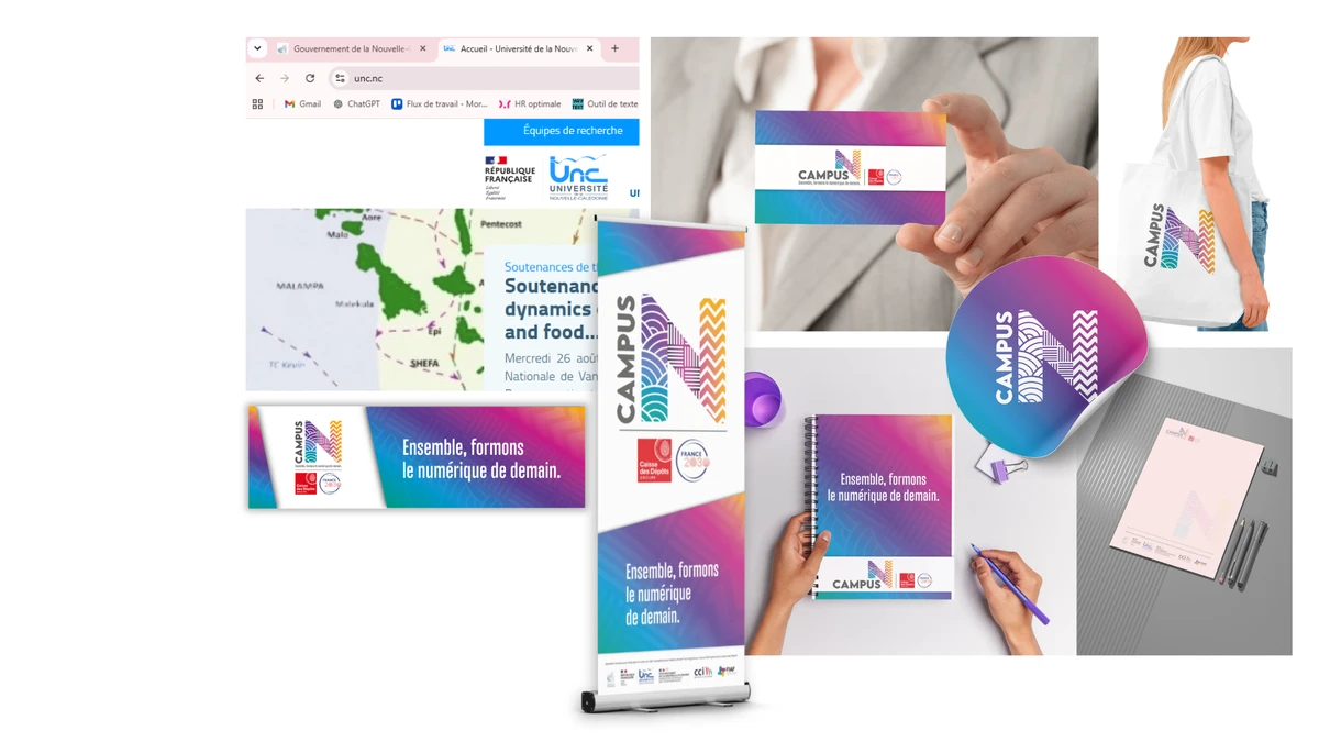 Identité Campus N déclinée sur carte de visite, tote bag, kakémono, carnet et papeterie