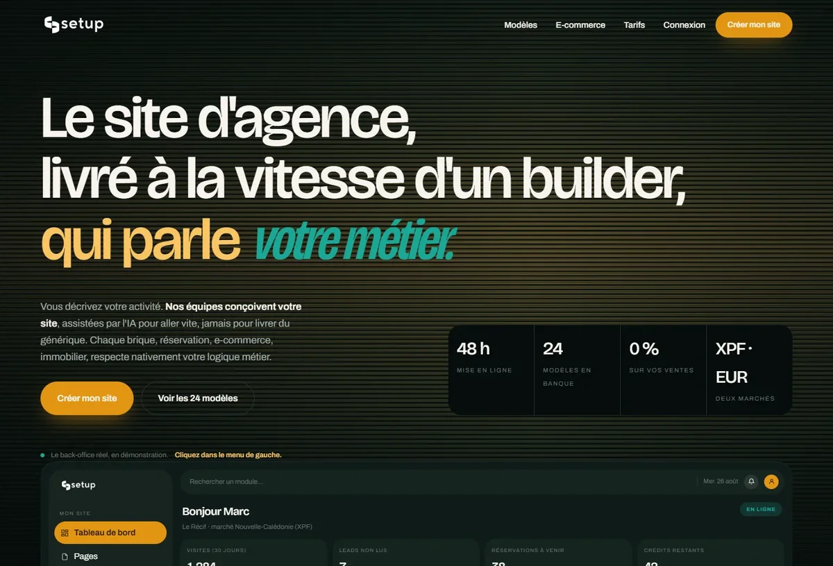 Accueil CMS by Setup présentant la création de sites par abonnement et un tableau de bord de démonstration