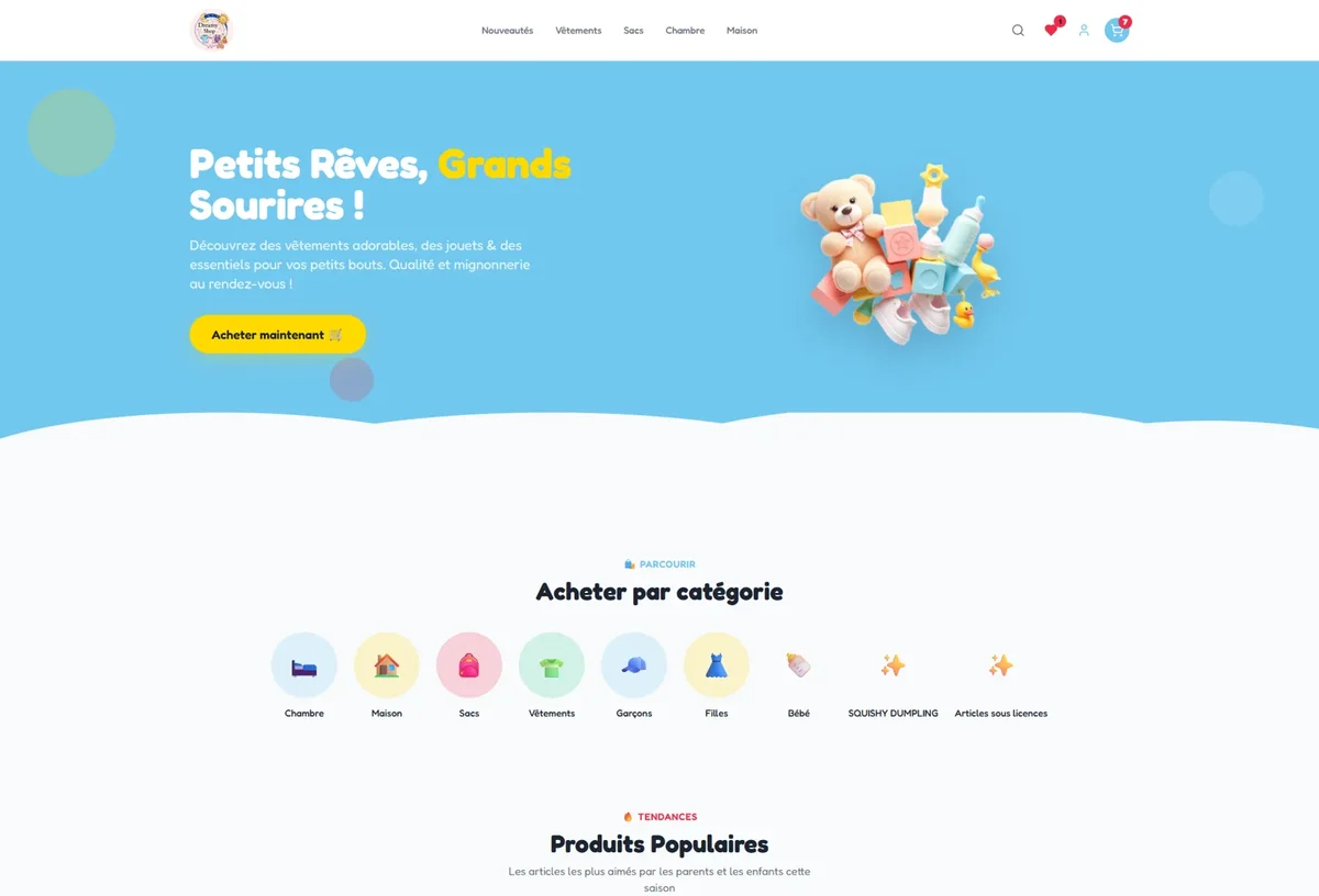 Accueil Dreamy Shop avec univers bébé et catégories illustrées