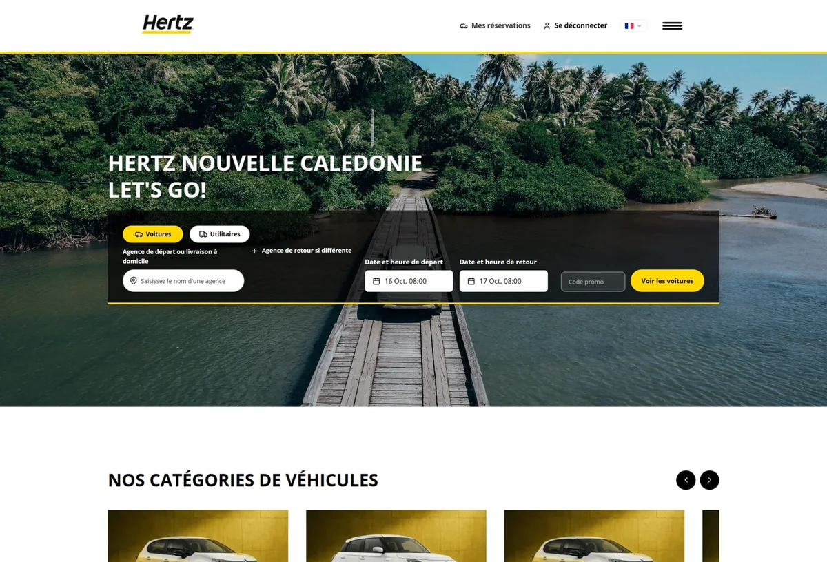 Accueil Hertz avec formulaire de réservation sur un paysage calédonien
