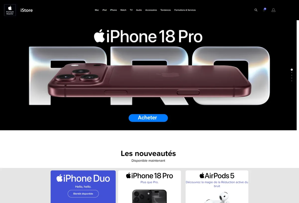 Accueil iStore avec présentation de l’iPhone et des nouveautés Apple