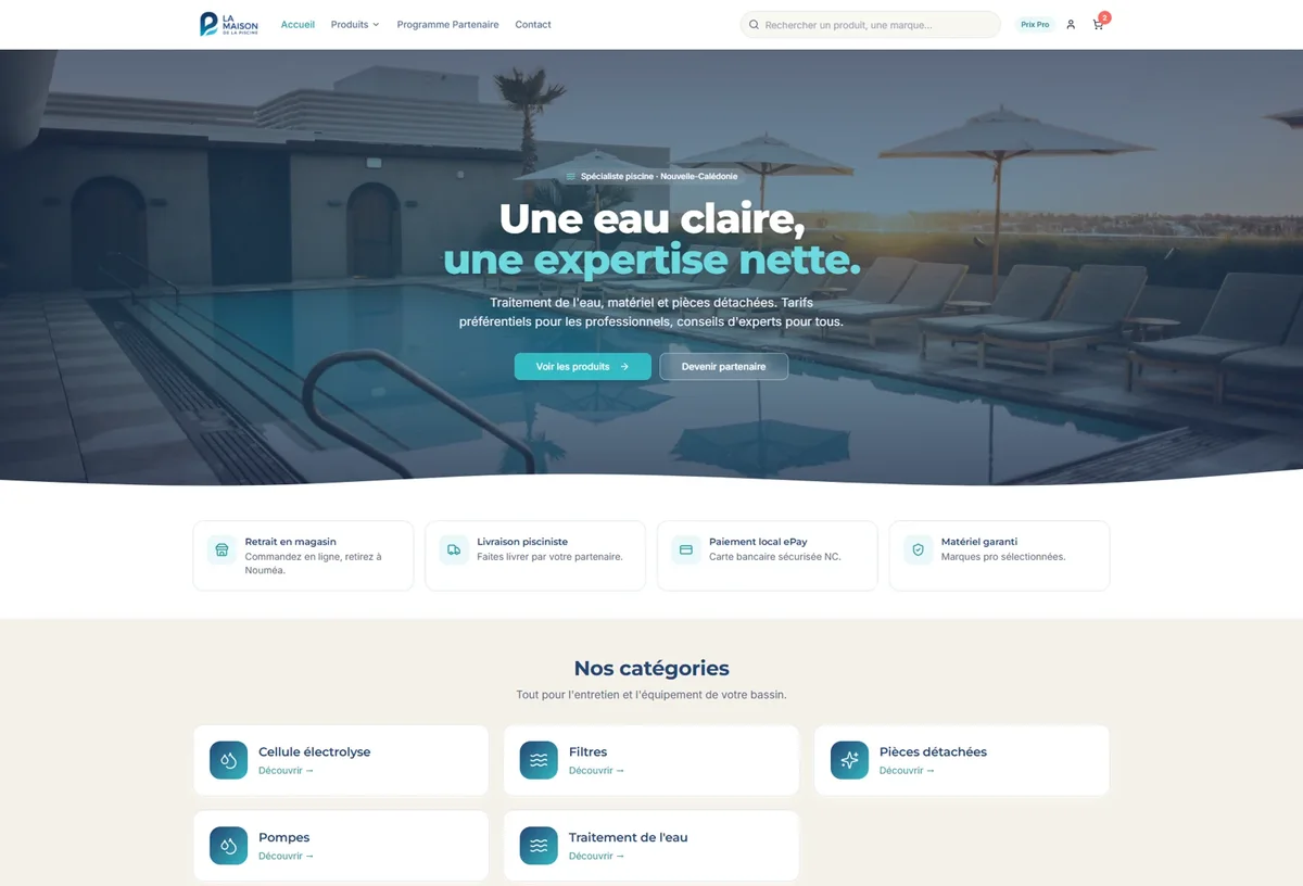Accueil La Maison de la Piscine avec bassin et catégories de produits