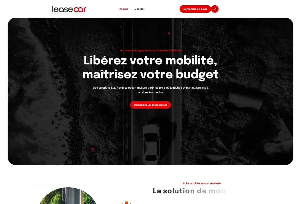 Accueil Leasecar avec véhicule et accès à une demande de devis