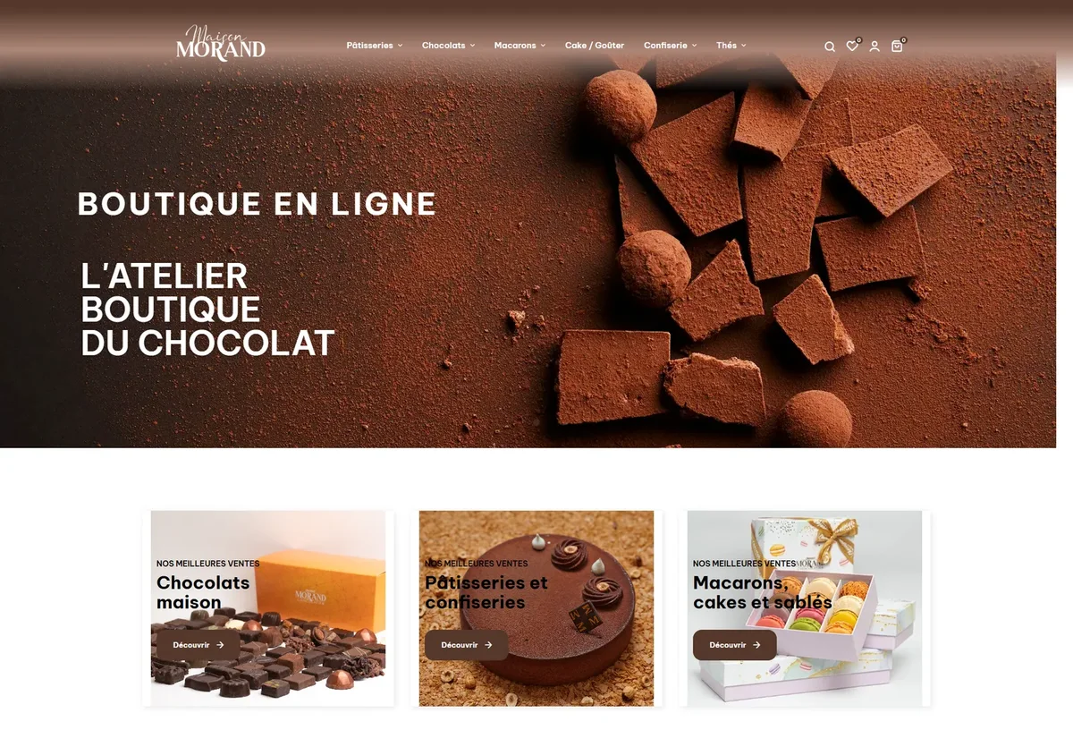 Accueil Maison Morand avec chocolats et catégories de gourmandises