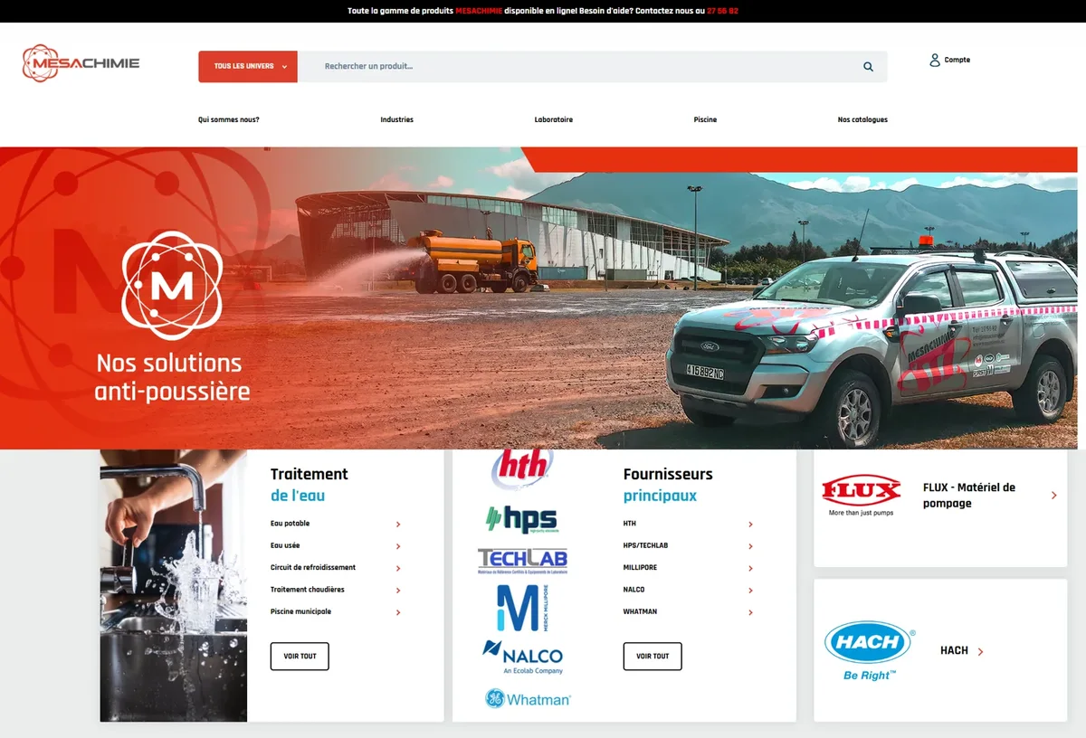 Accueil Mesachimie avec présentation des solutions de nettoyage et marques distribuées