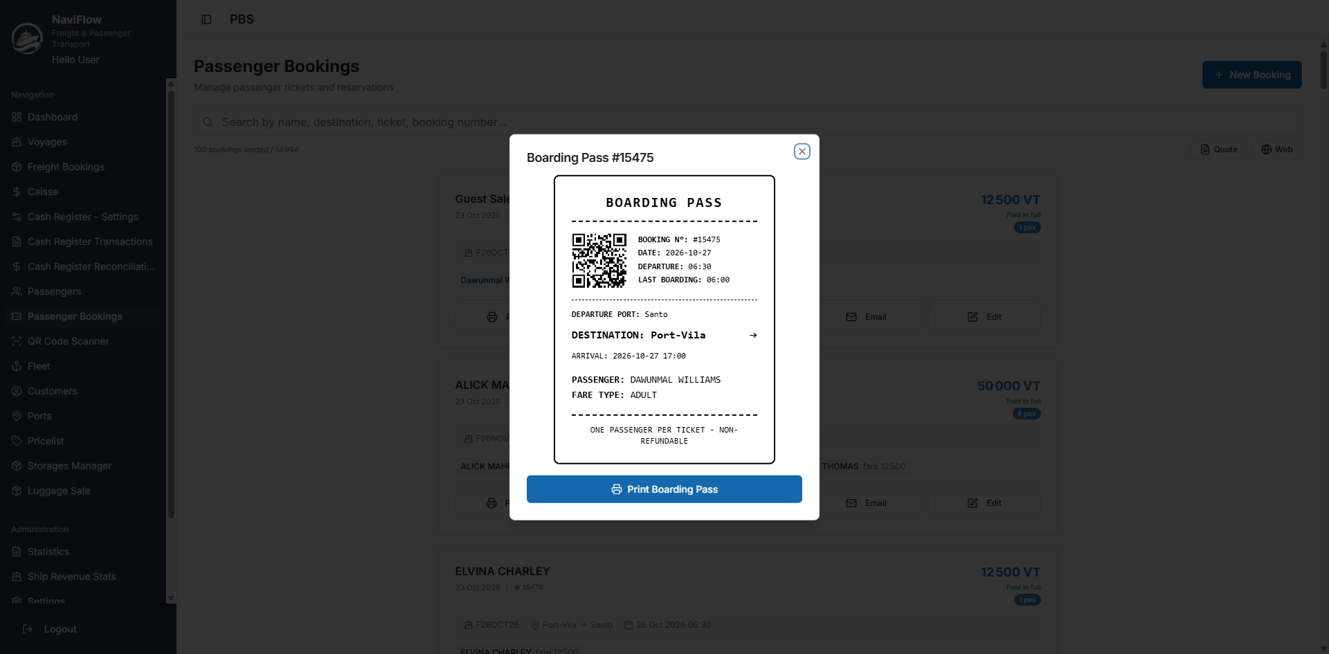 Naviflow/PBS : carte d’embarquement avec QR code depuis la gestion des réservations passagers