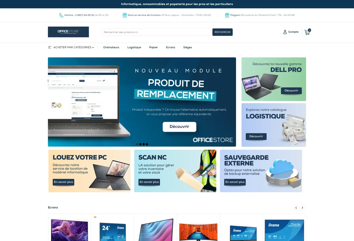 Accueil Office Store avec promotions et accès aux fournitures de bureau