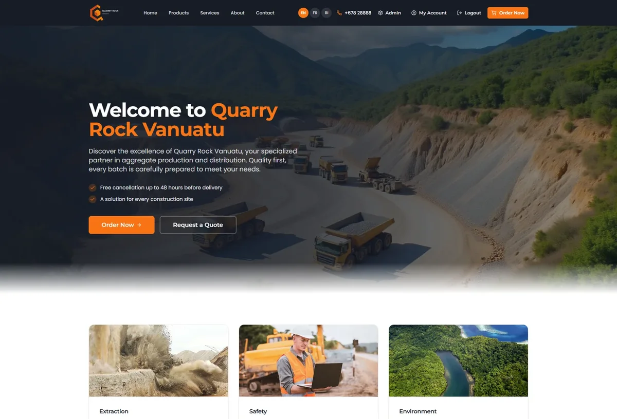 Accueil Quarry Rock Vanuatu avec carrière et présentation de ses activités