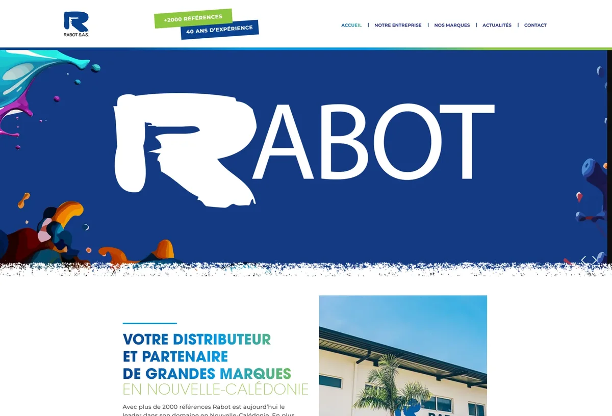Accueil Rabot avec identité de marque et présentation du distributeur
