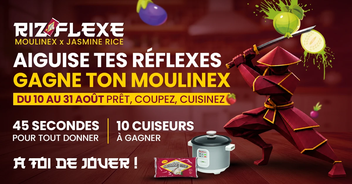 Affiche Riz Flexe avec samouraï, cuiseur Moulinex et sachet de riz Jasmine Rice