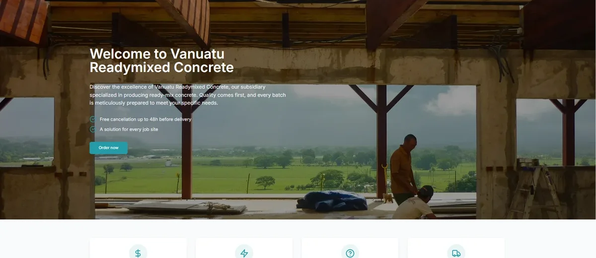 Accueil Vanuatu Readymix Concrete avec bâtiment de la centrale et accès aux commandes